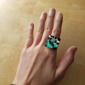 Murano Glass Ring with Silver Leaf, Adjustable Ring